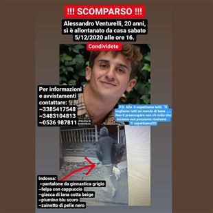 Scomparso da sabato: si cerca Alessandro, ragazzo di 20 anni di Sassuolo